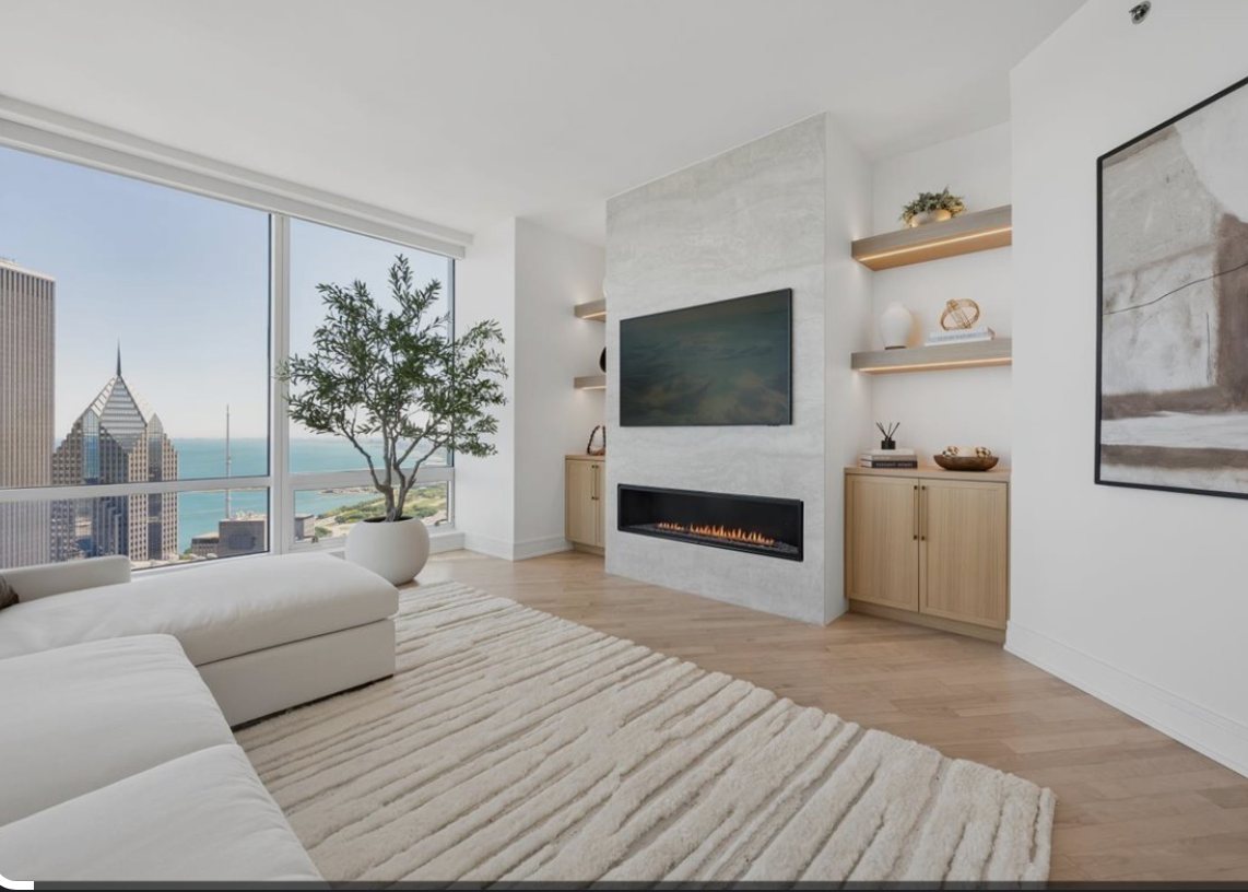 Residential living room with Chicago skyline and Lake Michigan views